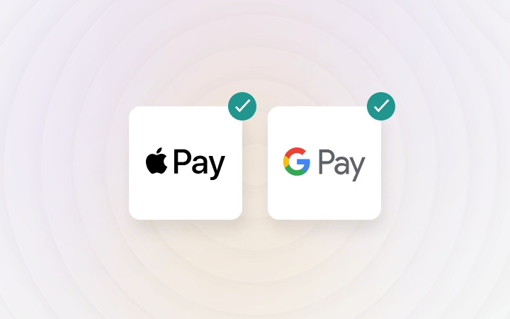 Apple Pay and Google Pay logos with green checkmarks, displayed on white cards against a light background.