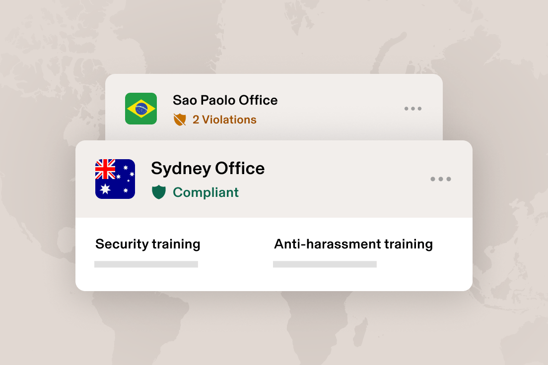 Compliance dashboard showing Sao Paulo with 2 violations and San Francisco marked compliant, with training options below.
