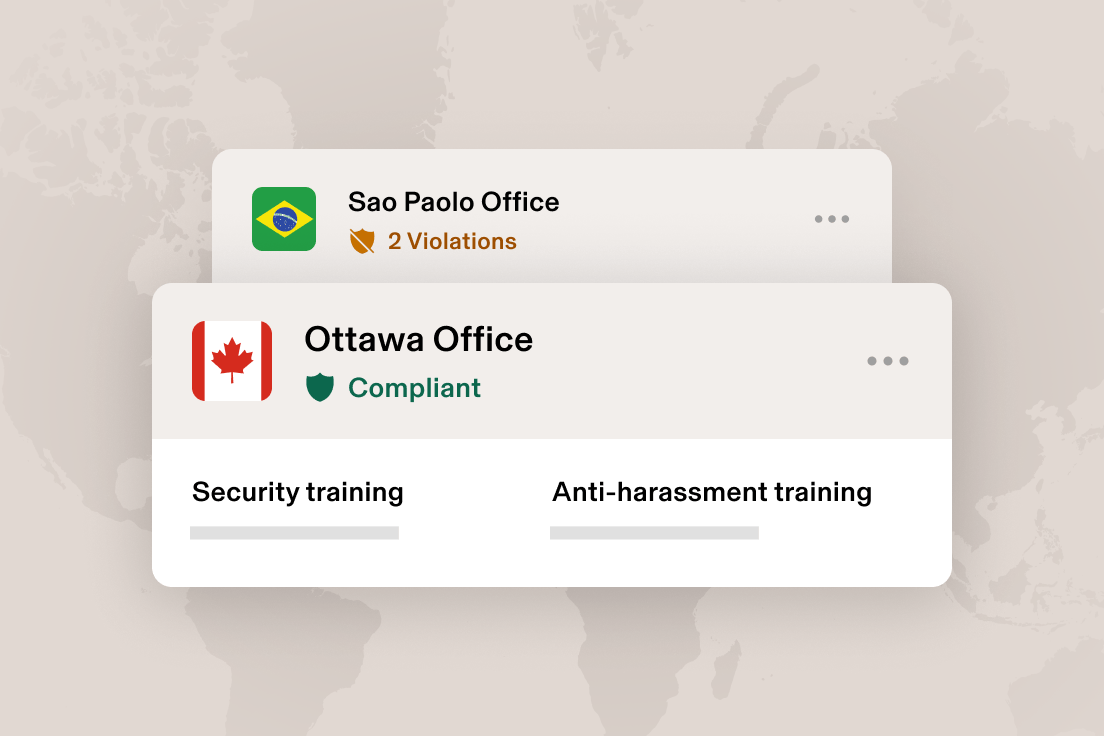 Compliance dashboard showing Sao Paulo with 2 violations and San Francisco marked compliant, with training options below.