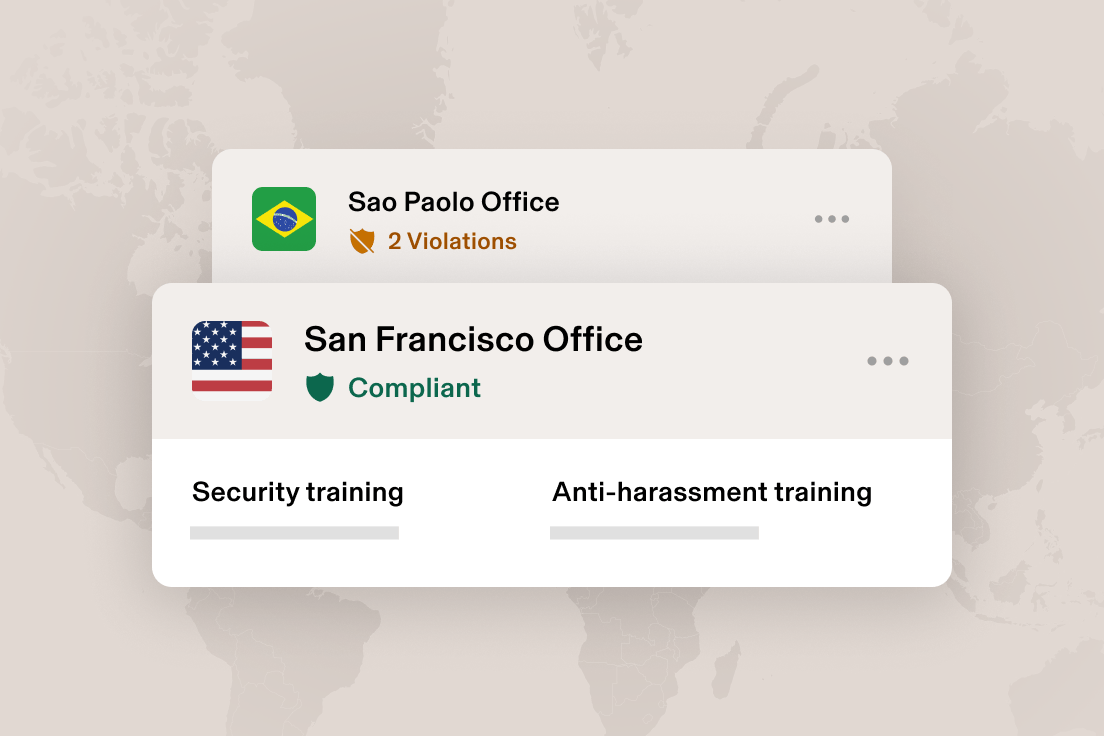 Compliance dashboard showing Sao Paulo with 2 violations and San Francisco marked compliant, with training options below.