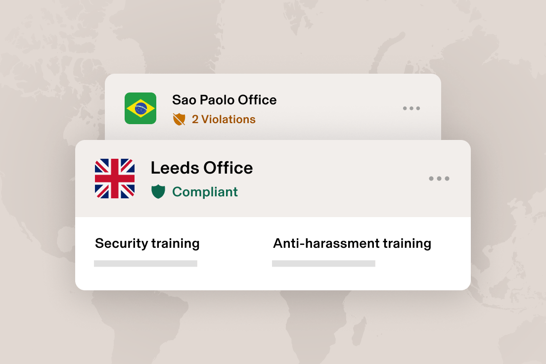 Compliance dashboard showing Sao Paulo with 2 violations and San Francisco marked compliant, with training options below.