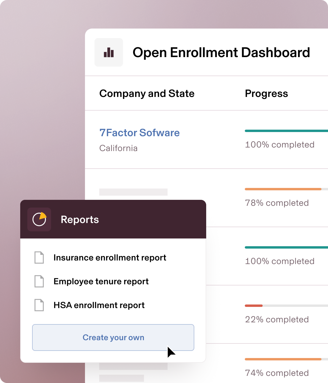 Open Enrollment Dashboard showing company progress with 7Factor Software at 100% complete and various enrollment reports at different completion stages.
