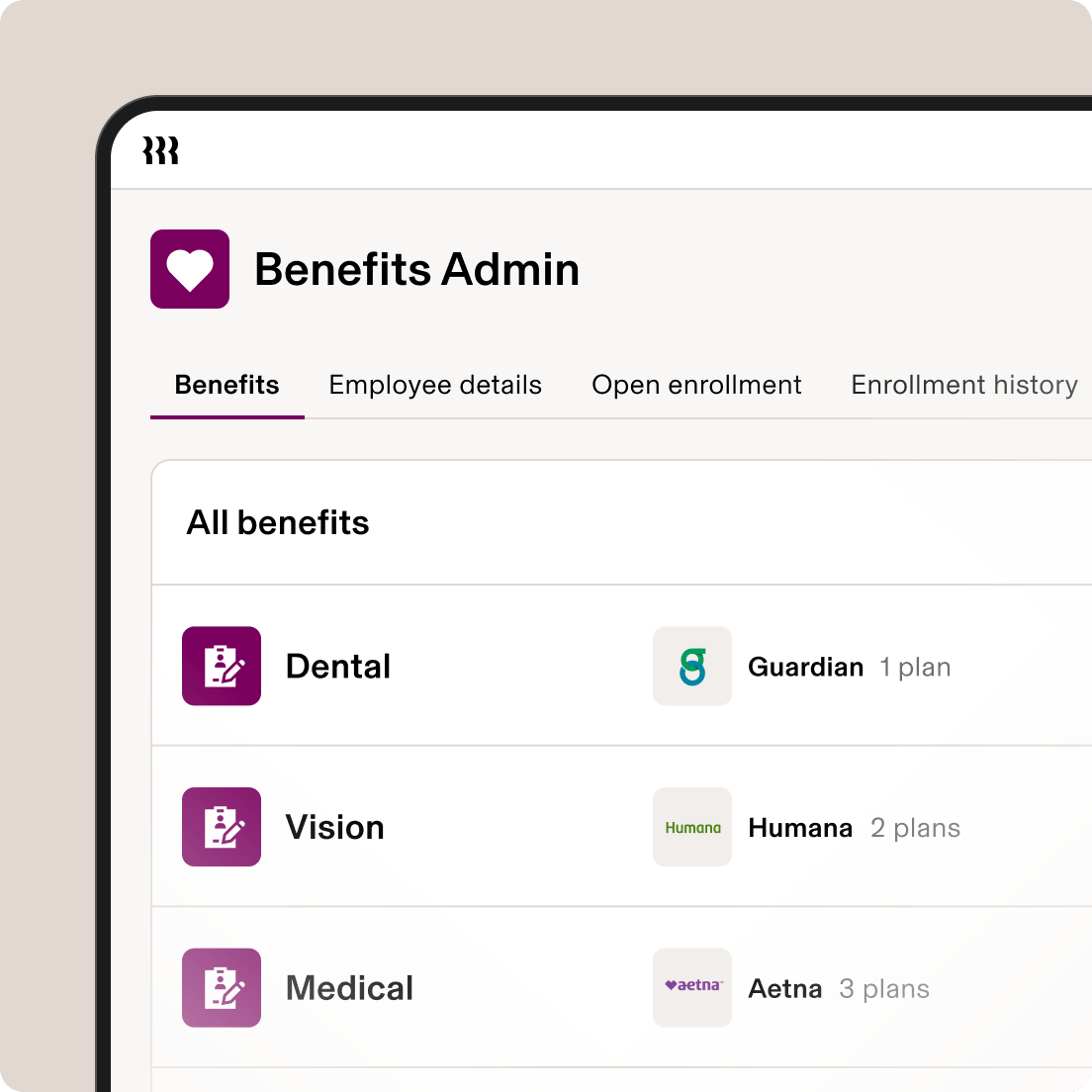 Screenshot des Bildschirms „Benefits Admin“ in Rippling mit der Auswahl für Zahnversicherung, Sehkraftversicherung und Krankenversicherung