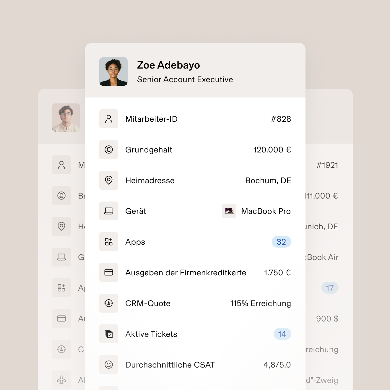 Foto einer Mitarbeiterin mit einer Liste von Geschäftsdaten wie Mitarbeiter-ID, Grundgehalt, zugewiesenes Gerät, aktive Tickets und durchschnittlicher Kundenzufriedenheits-Score