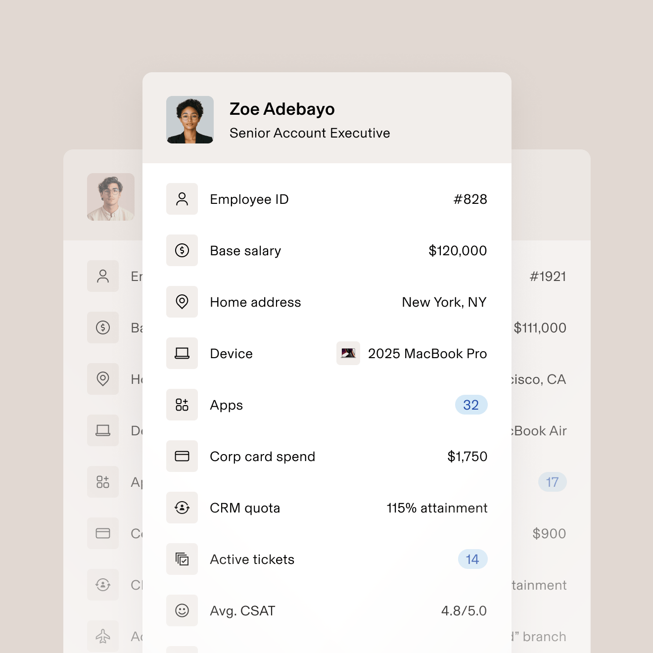 Employee photo with a list of business data including employee ID, base salary, assigned device, active tickets, and average CSAT score