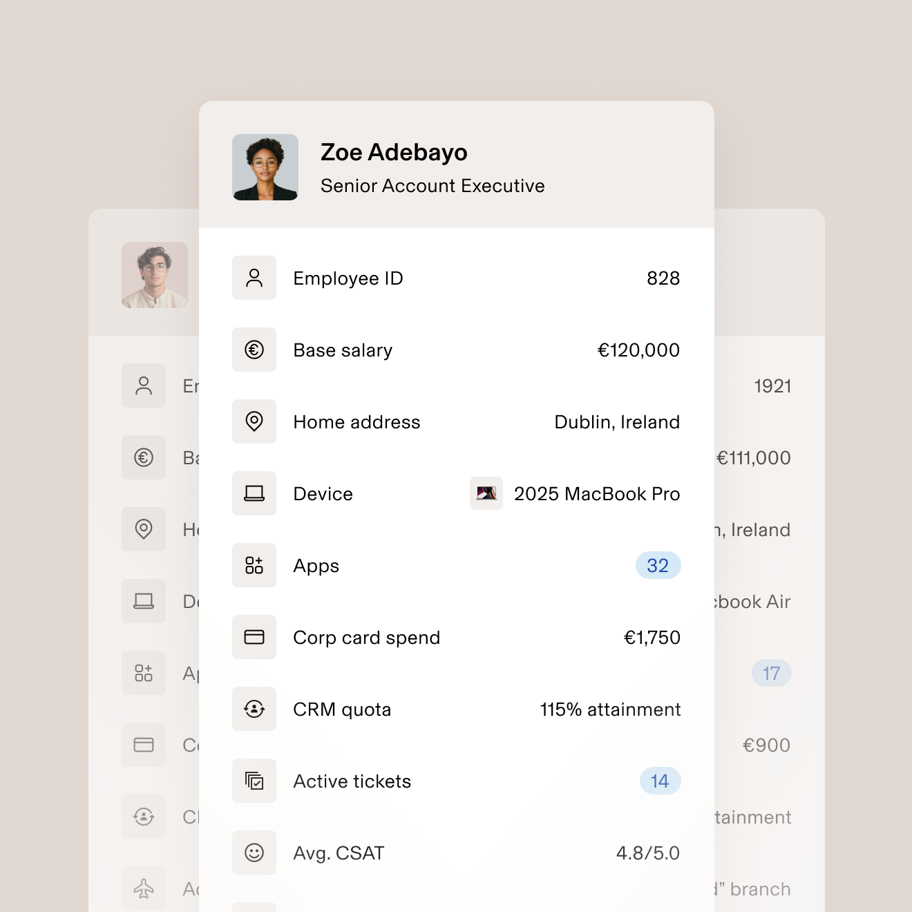 Employee photo with a list of business data including employee ID, base salary, assigned device, active tickets, and average CSAT score