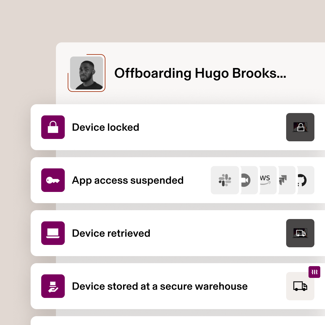 Offboarding interface showing device status: locked, app access suspended, device retrieved, and stored at secure warehouse.