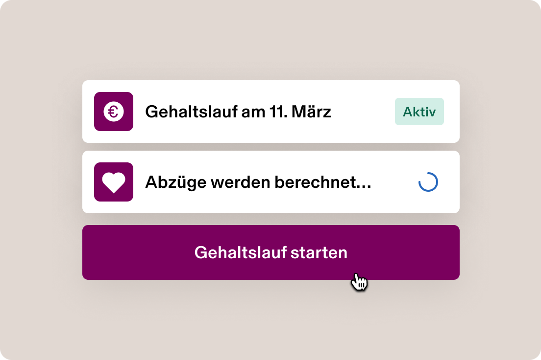 An abstracted UI workflow showing a pay run with the steps "Mar 11 pay run" and "Applying benefit deductions" with a cursor hovering over a "Run payroll" button