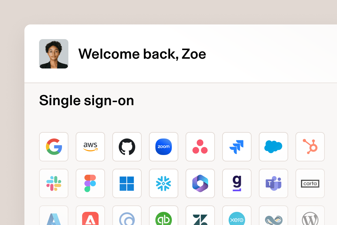 Single sign-on dashboard with welcome message and grid of app icons including Google, AWS, GitHub, Zoom, and others.