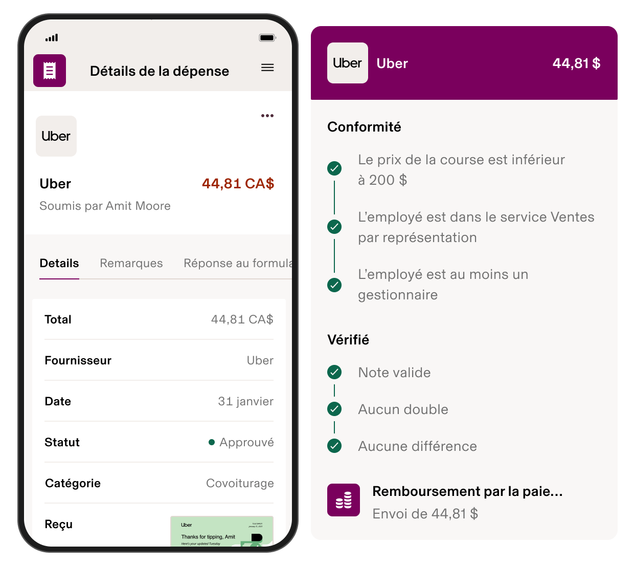 Application mobile de gestion des dépenses affichant une course Uber approuvée d’un montant de 44,81 $ avec vérification de la politique et détails du remboursement.