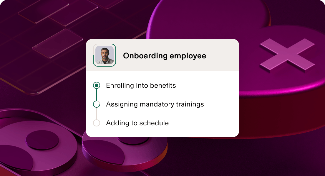 Employee onboarding interface showing benefits enrollment step completed, with training and scheduling steps pending.