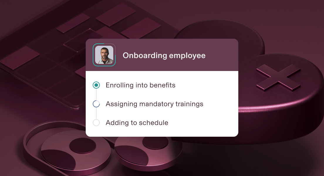 Employee onboarding interface showing benefits enrollment step completed, with training and scheduling steps pending.