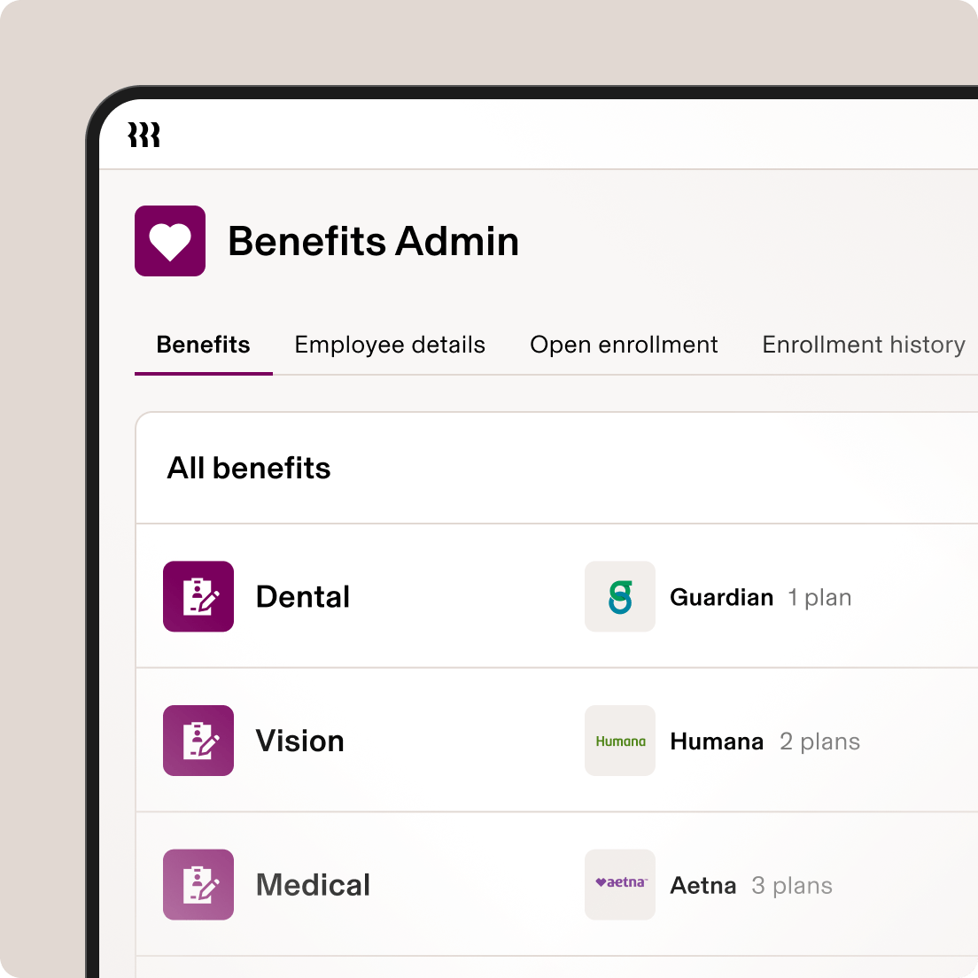 Benefits Admin dashboard showing medical, dental, vision, and life insurance options with Aetna, Guardian, Humana, and MetLife providers.