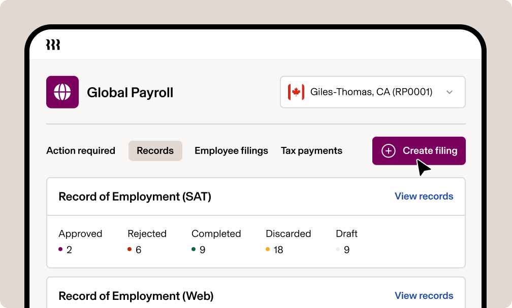 Example of managing ROE filings in Canada within the Rippling platform.