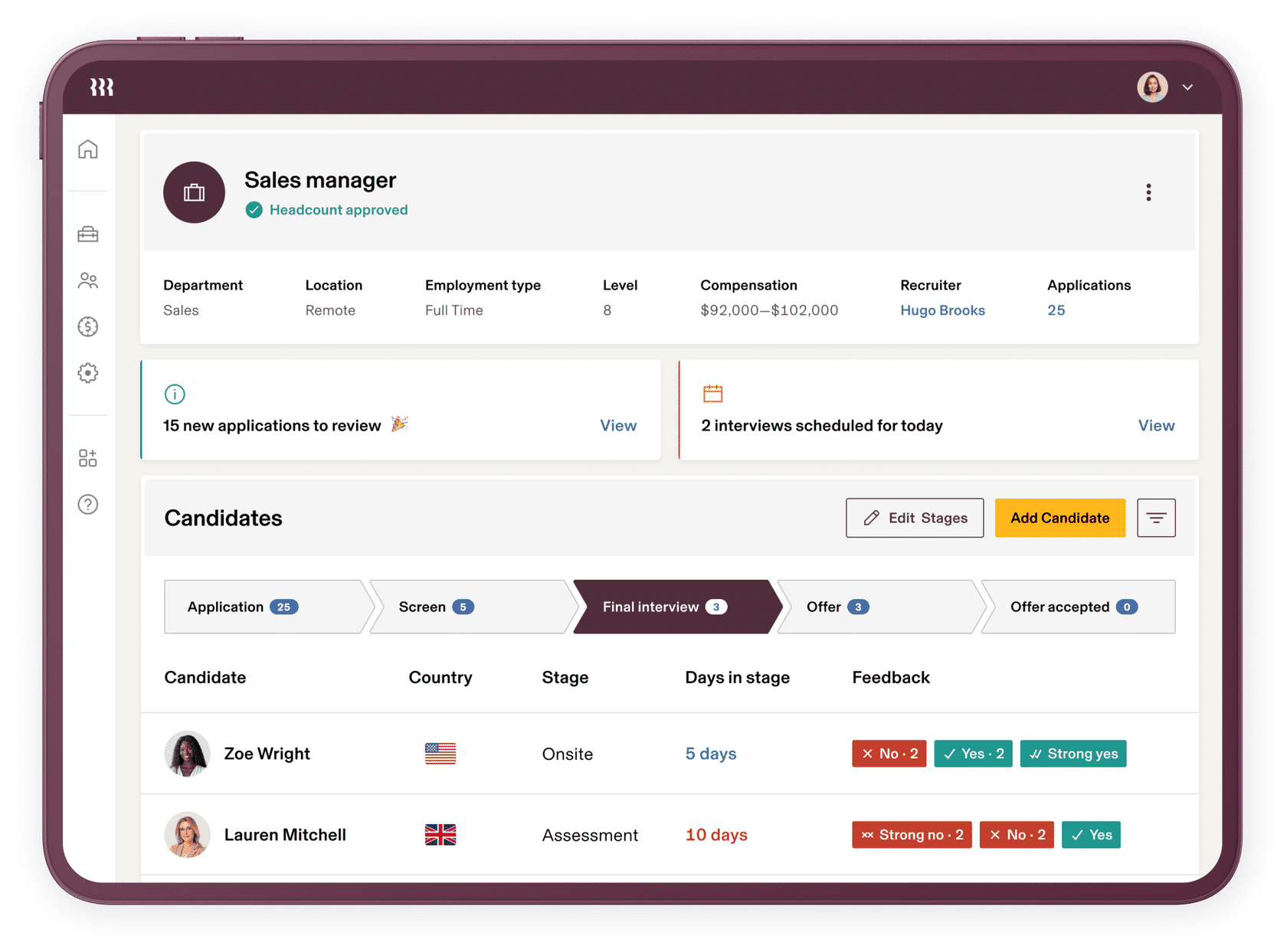 Sample preview of Rippling Recruiting platform's Sales Manager dashboard.