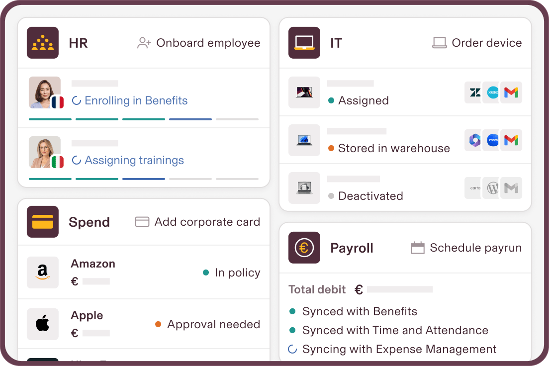 UI image showing the Rippling dashboard with screens from the Rippling HR, IT, Spend, and Payroll products