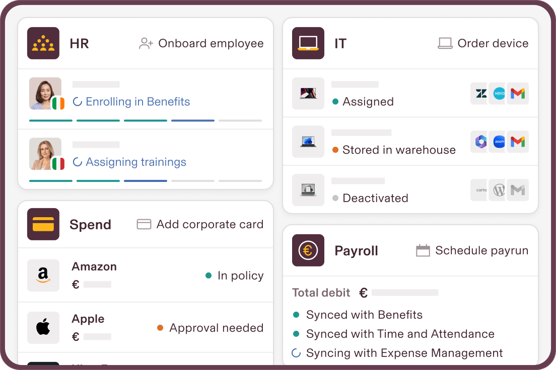 UI image showing the Rippling dashboard with screens from the Rippling HR, IT, Spend, and Payroll products