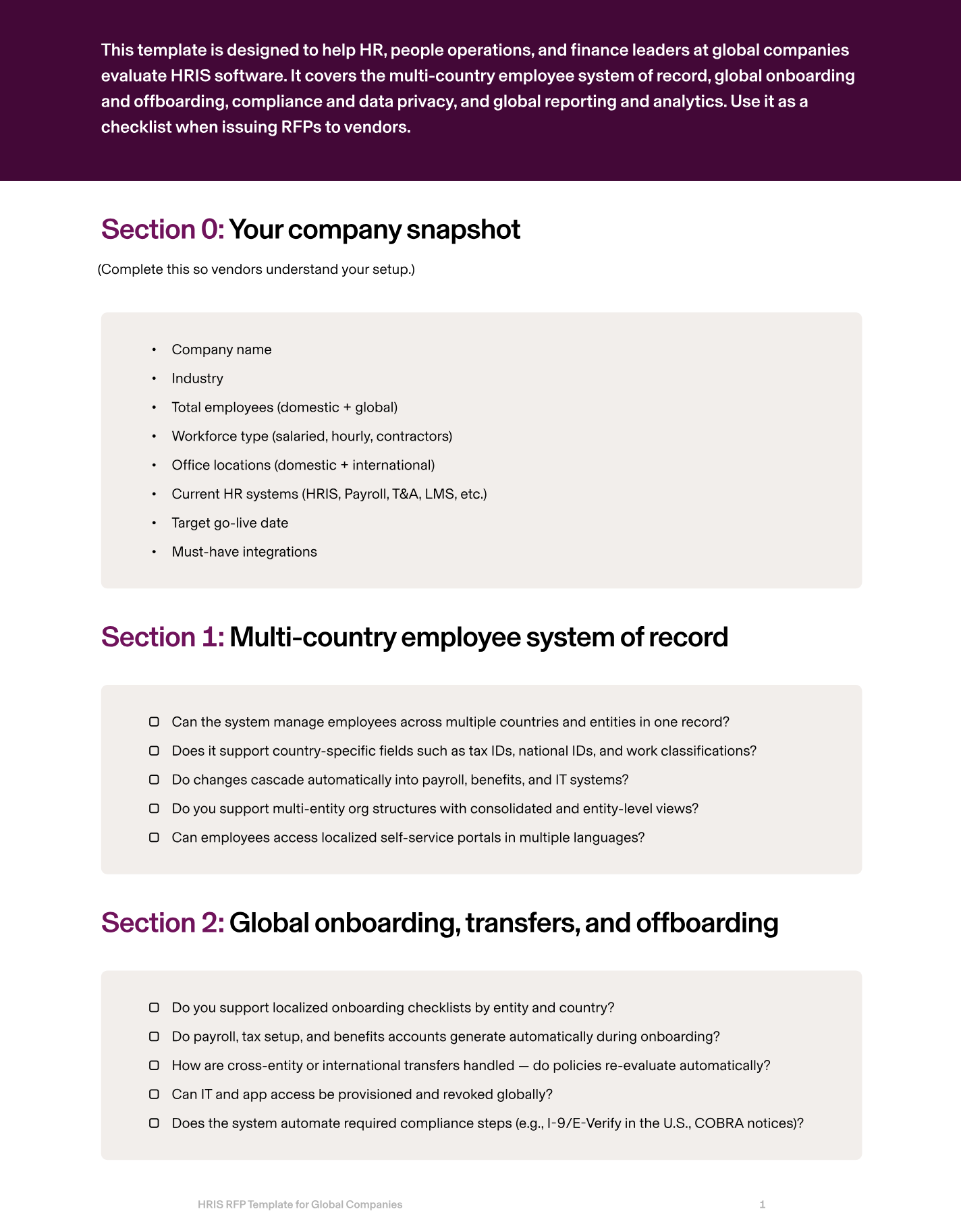 Preview of Rippling's HRIS RFP Template for Global Companies.