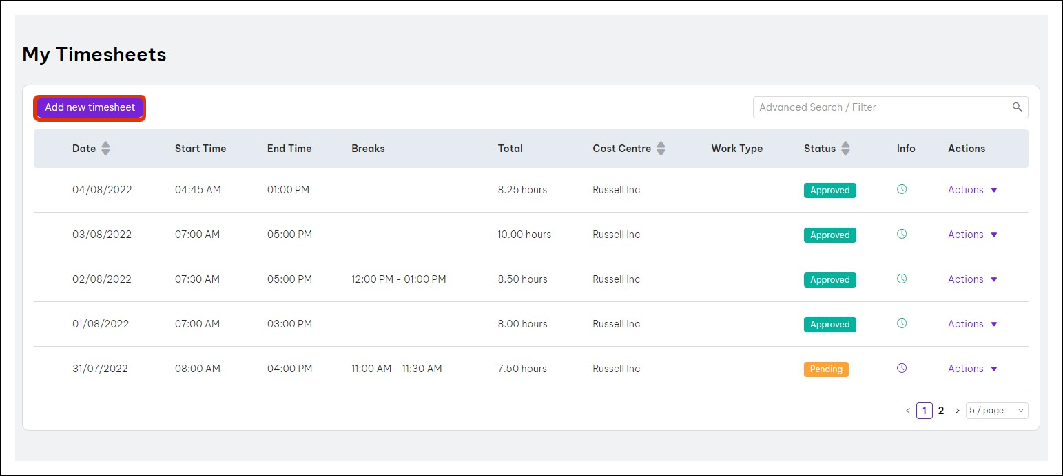 Adding new timesheet