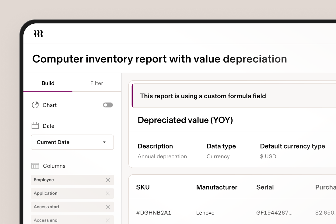 Computer inventory report interface showing depreciation tracking with filtering options and equipment details from Lenovo, Apple, and Samsung.