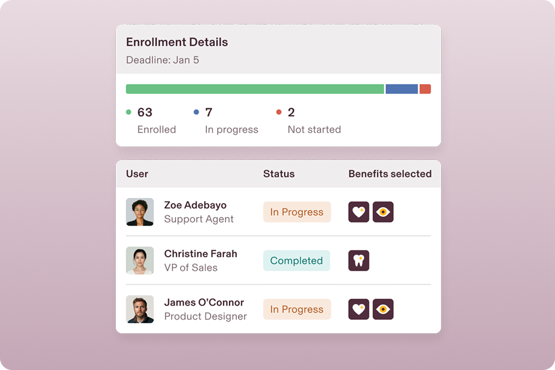 An illustration of an Enrollment Details screen in Rippling with a list of users and the their benefits enrollment status
