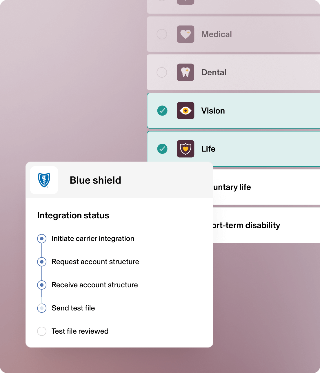 Insurance selection interface showing medical, dental, vision and life options with Blue Shield integration status window.