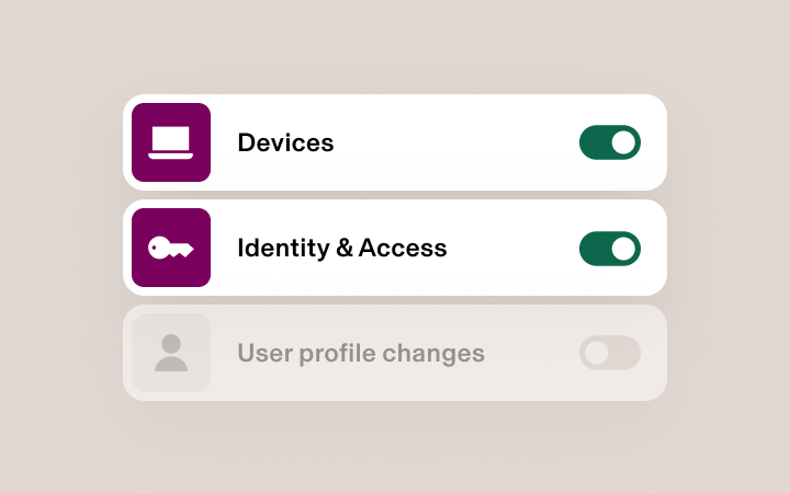 Mobile settings interface showing enabled Devices and Identity & Access toggles, with disabled User profile changes option.
