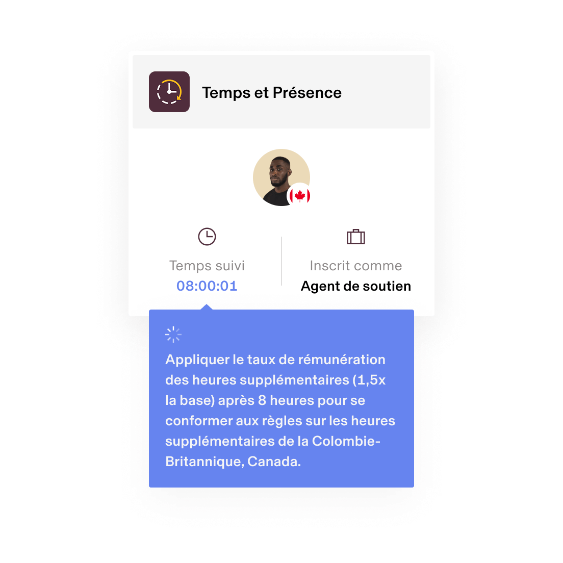 Interface de Temps et présence sur laquelle est affiché un suivi de 08:00:01 d’un agent d’assistance avec une notification concernant la rémunération des heures supplémentaires en Colombie-Britannique.