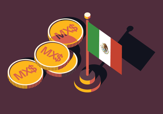 Graphic illustration of Mexico flag with four pesos