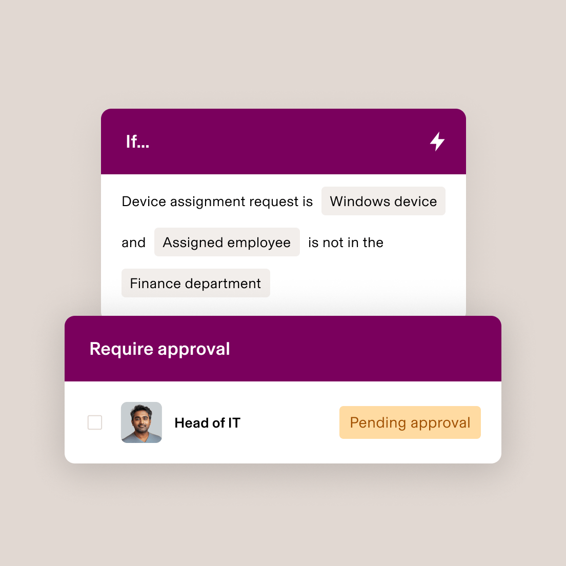 Device assignment approval screen showing Windows device request for non-Finance employee, pending Head of IT approval.