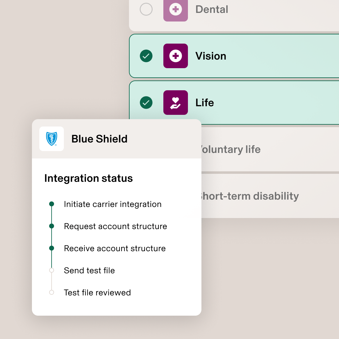 Insurance interface showing Blue Shield integration status with dental, vision, and life options selected and integration steps.