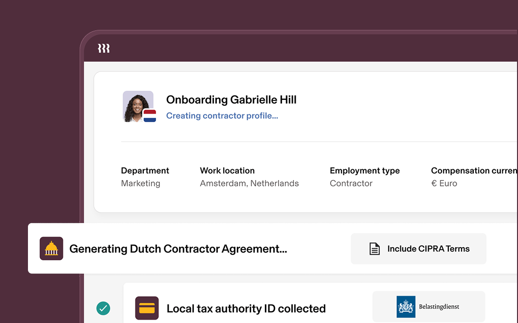 Example onboarding screen in Rippling that says Creating contractor profile with steps including Generating Dutch Contractor Agreement and Local tax authority ID collected