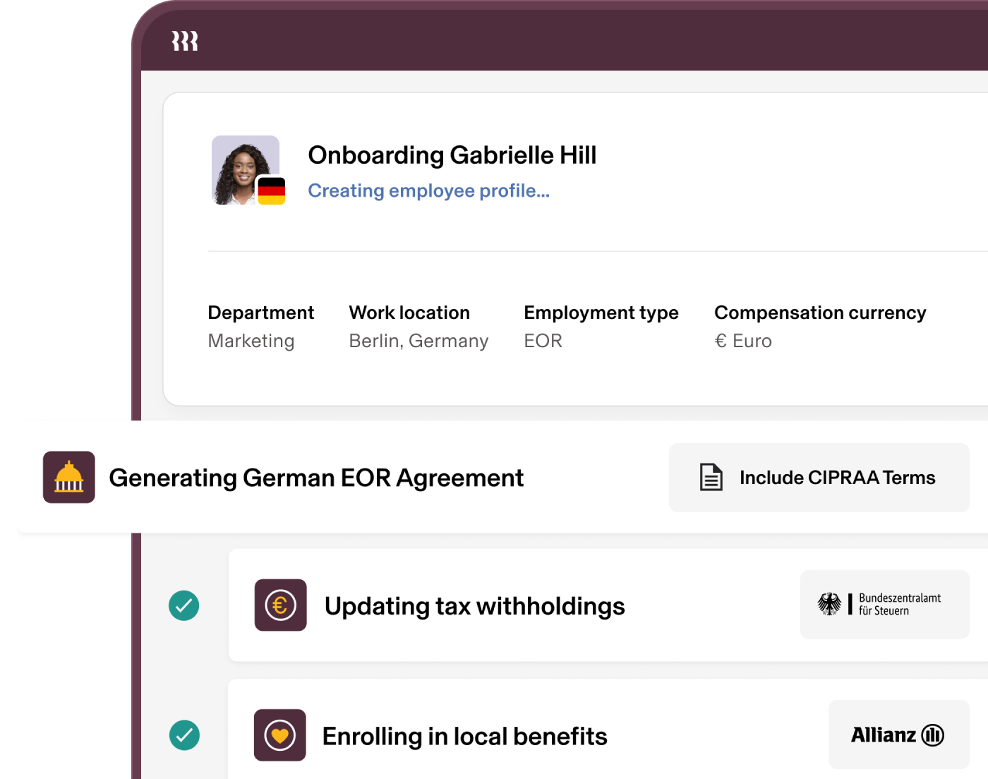 Bildschirm für das Mitarbeiter-Onboarding, der anzeigt, dass ein Profil für eine Marketingmitarbeiterin in Berlin erstellt wird, einschließlich EOR-Status und Vergütung in Euro.