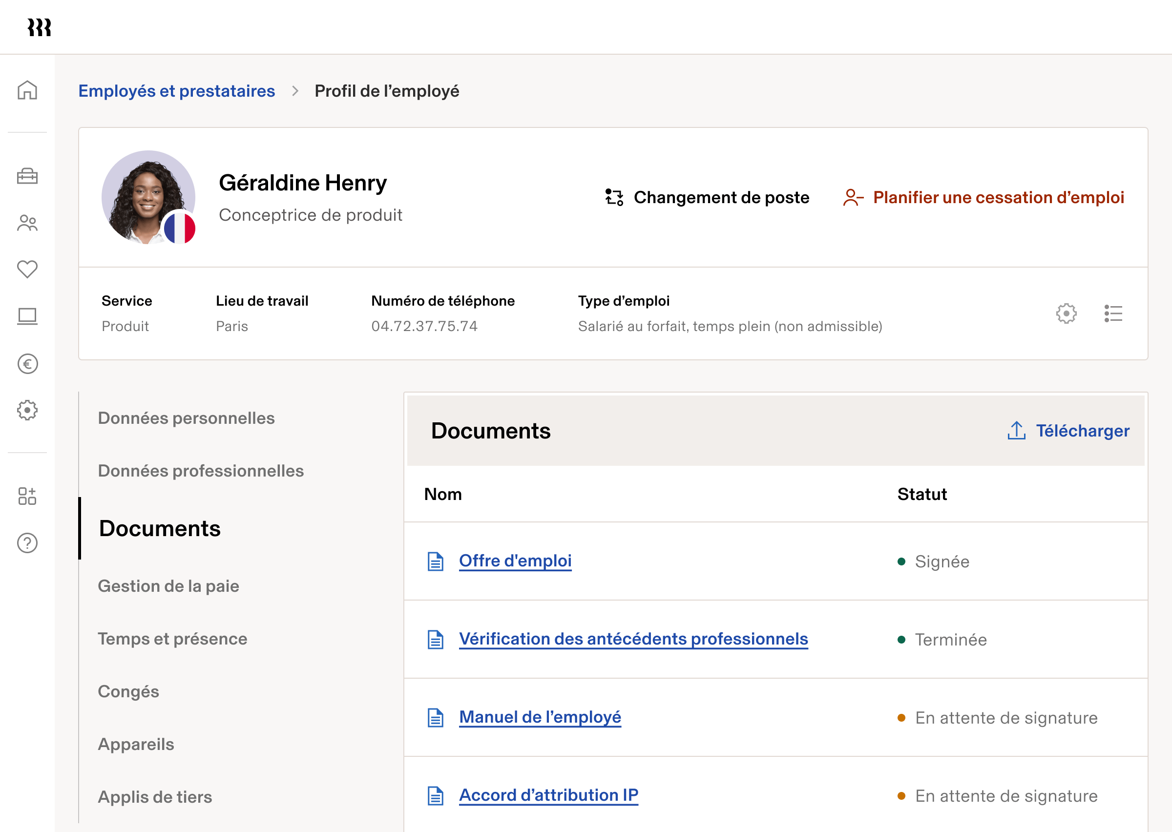 Profil du collaborateur – Interface utilisateur de la tablette