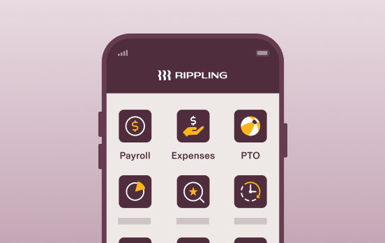 Graphic illustration of the Rippling smartphone app showing the Payroll, Expenses, and PTO product app icons