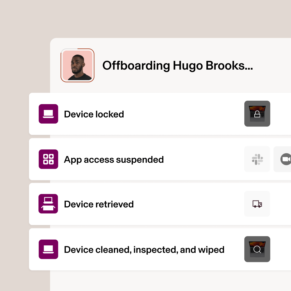Offboarding interface showing device status steps: locked, app access suspended, retrieved, and cleaned/inspected/wiped.