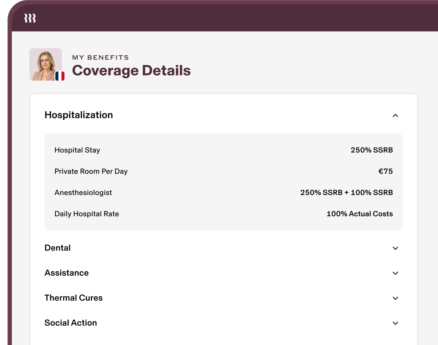 App-Bildschirm für Details des Krankenversicherungsschutzes, mit erweiterten Benefits für Krankenhausaufenthalte, Kosten und Übernahmeprozenten.