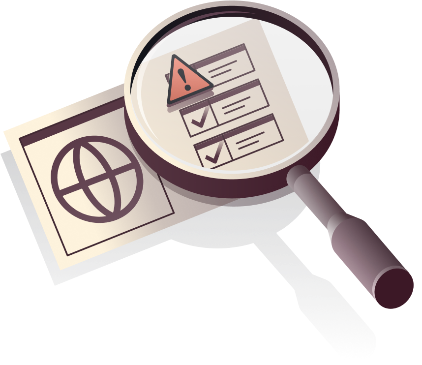 Graphic illustration of a magnifying glass over a checklist with a warning