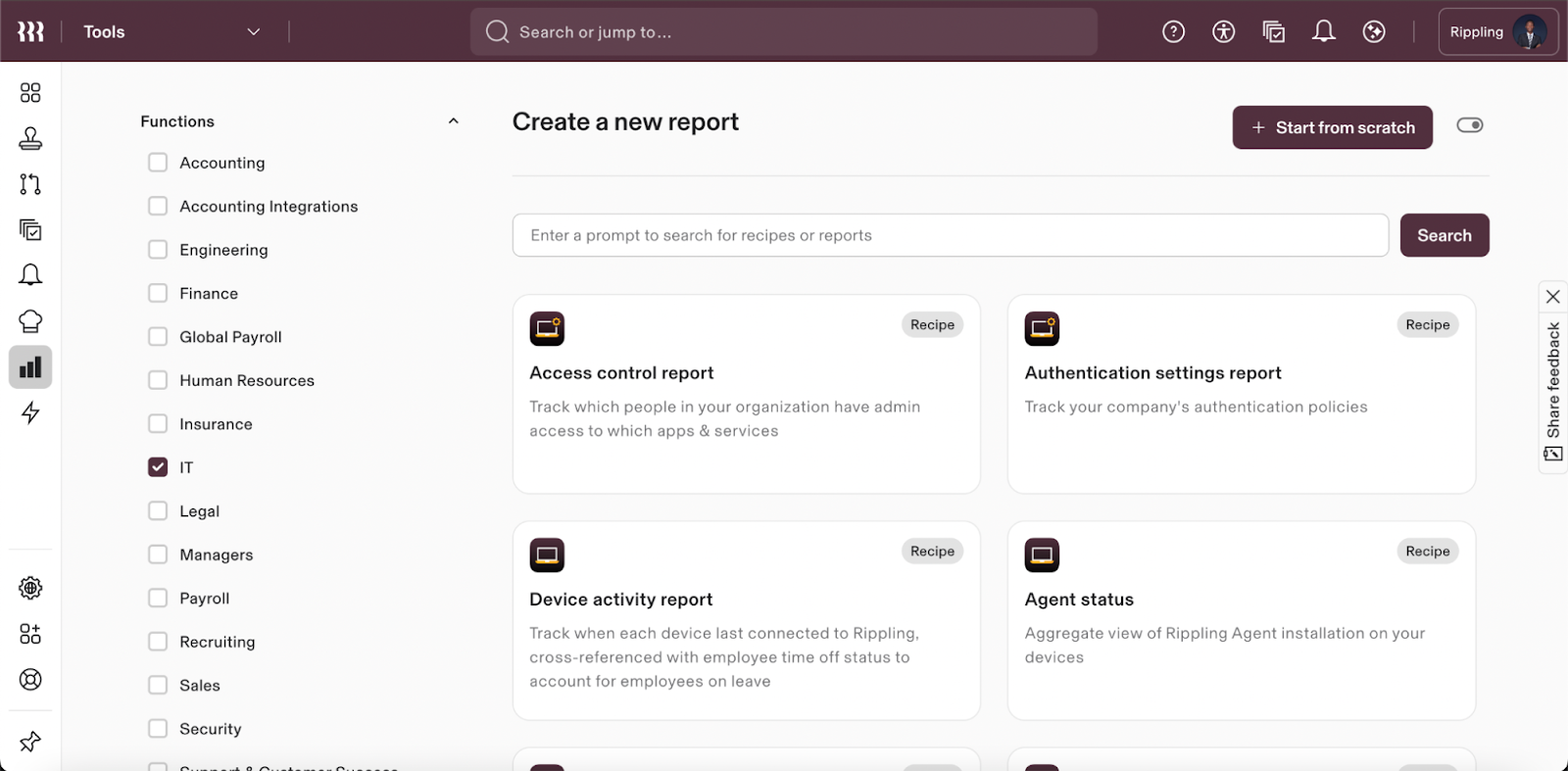 Rippling Product Screenshot Create a New Report