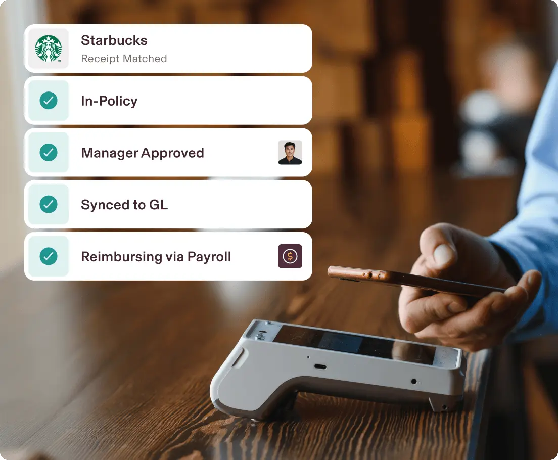 Photograph of a customer paying for a purchase with a smartphone overlaid with messages from Rippling that say Starbucks receipt matched, in-policy, manager approved, synced to GL, and reimbursing via Payroll