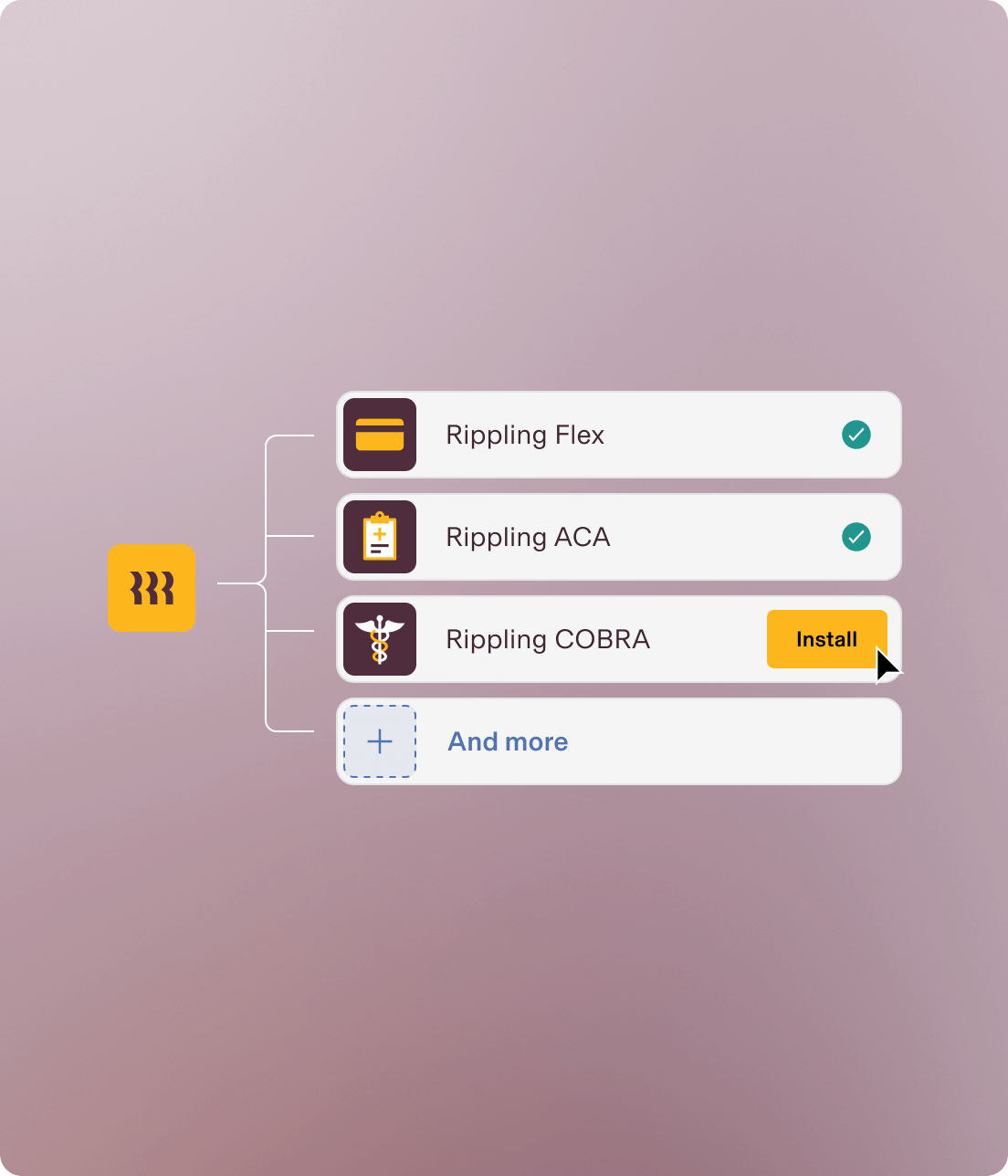 Rippling app interface showing Flex and ACA installed, with COBRA available to install, on a light purple background.