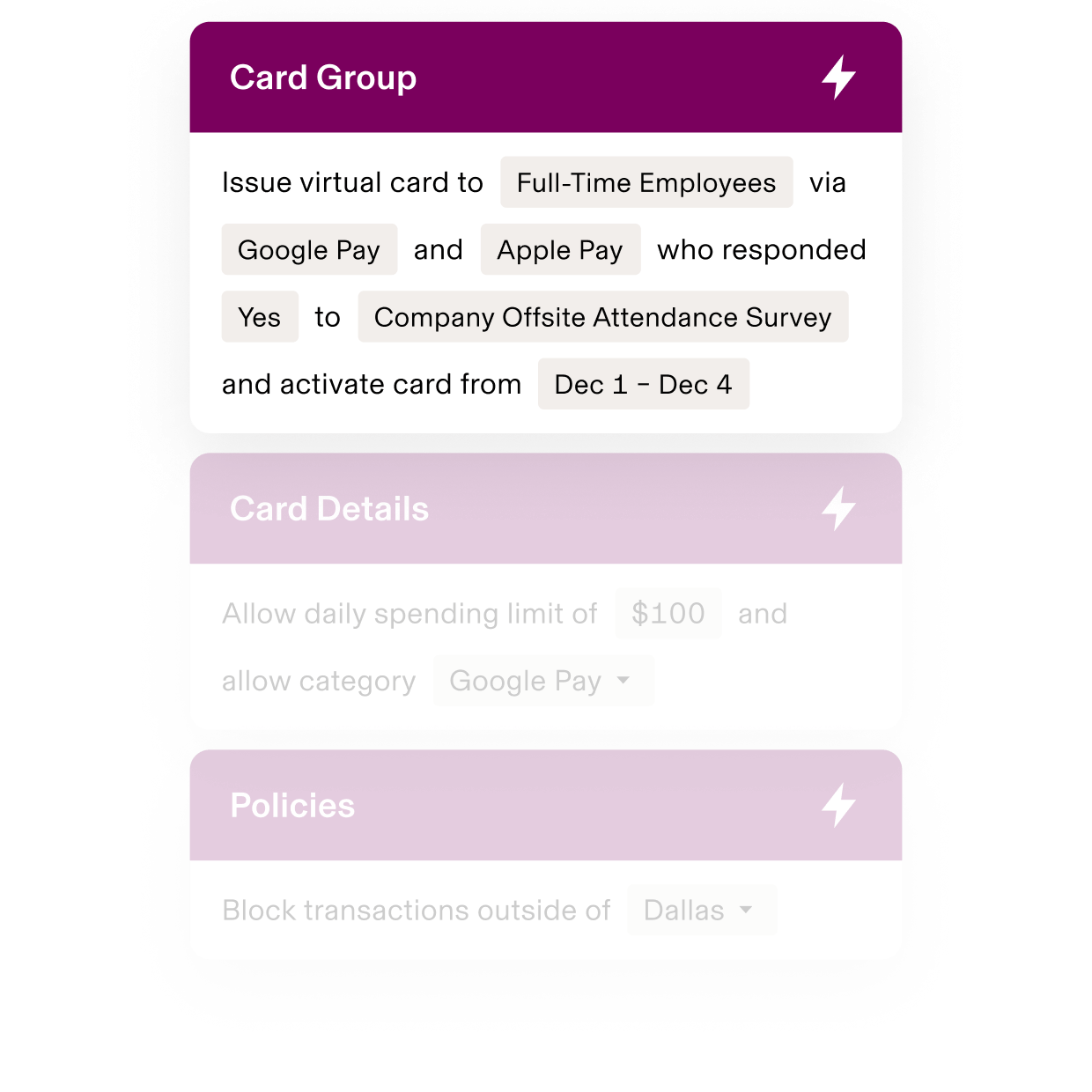 Mobile interface showing virtual card setup for employees with $100 daily limit, Google Pay integration, and Dallas location restriction.