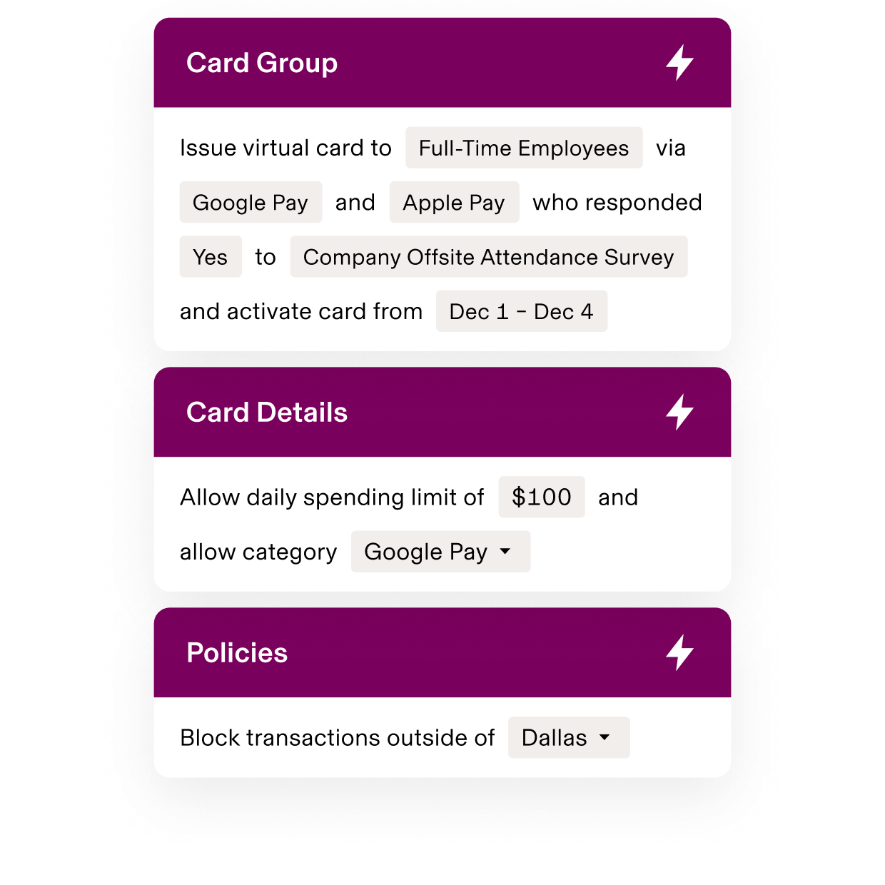 Virtual card setup interface with group settings, $100 daily limit, and location restrictions for employees attending offsite event.