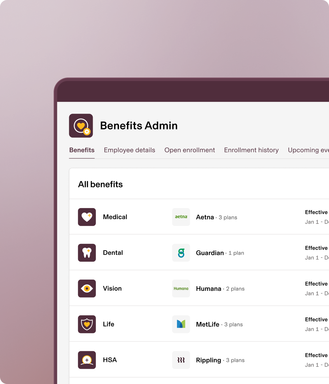 Benefits Admin dashboard showing medical, dental, vision, life, and HSA options with their respective providers and plan counts.