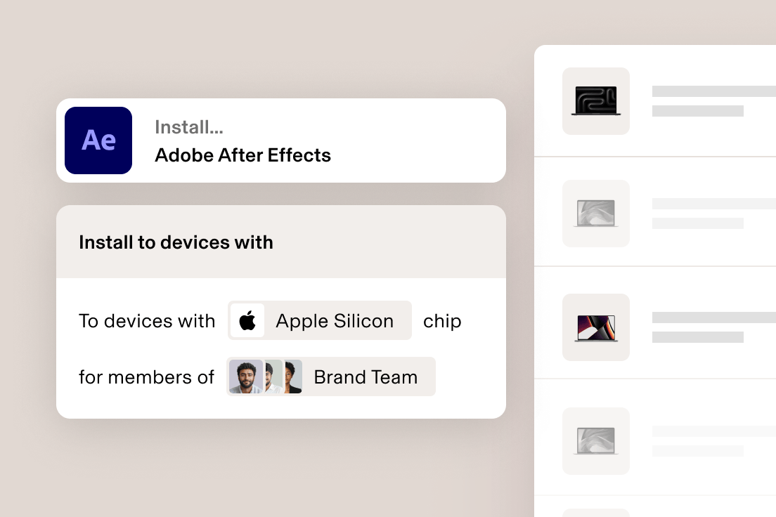 Adobe After Effects installation interface showing compatibility with Apple Silicon chips for Brand team employees.