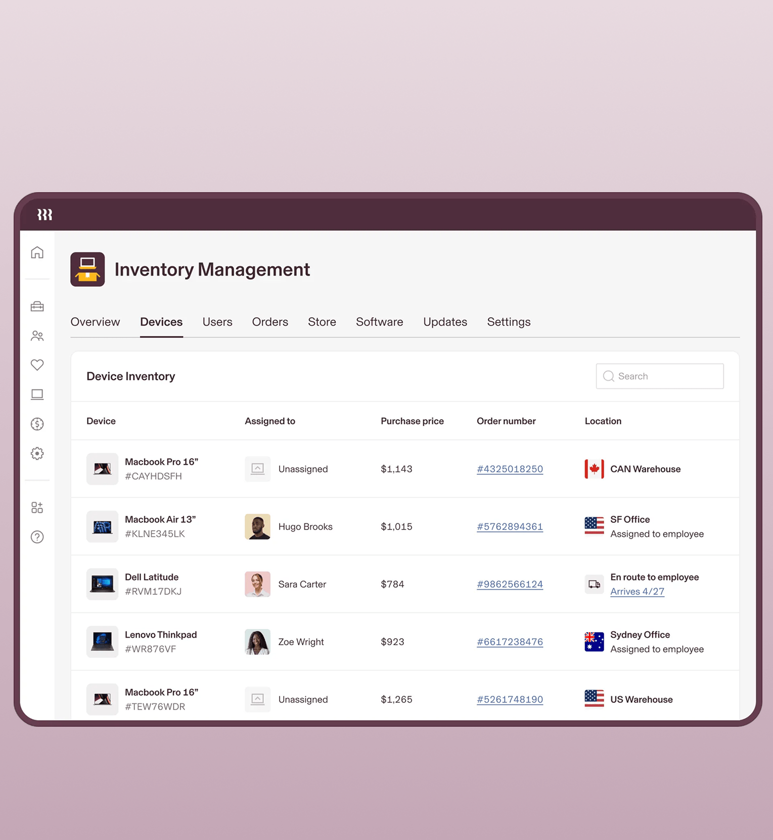 Tablet showing a screen in Rippling titled "Inventory Management" with a list of devices, the assigned employee, purchase price, order number, and location