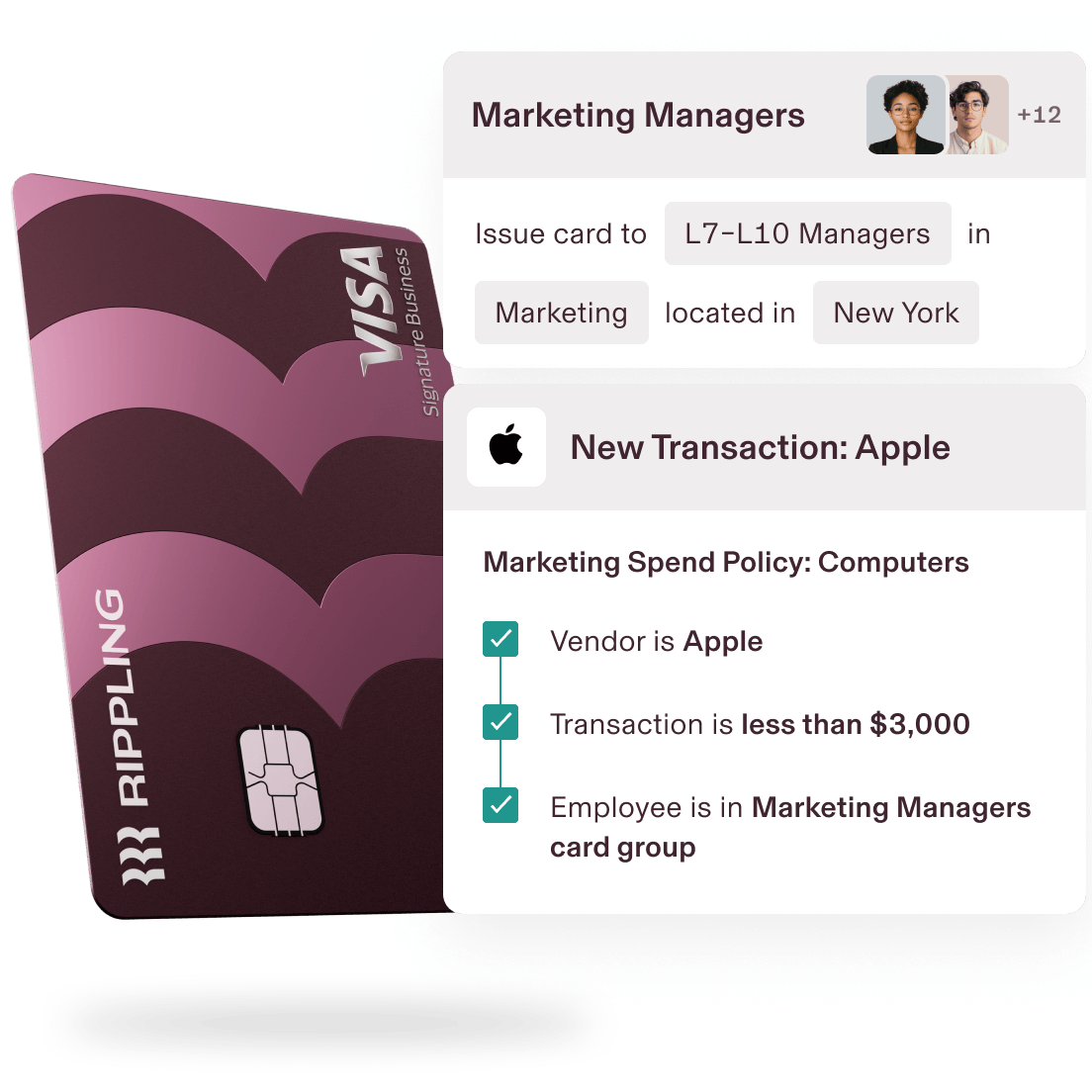 Rippling corporate Visa business card with automated spend controls, showing real-time transaction approval for Apple purchases under a marketing spend policy. The interface highlights card issuance for marketing managers, role-based access, location-based rules, and automated expense compliance in one unified workforce management platform.