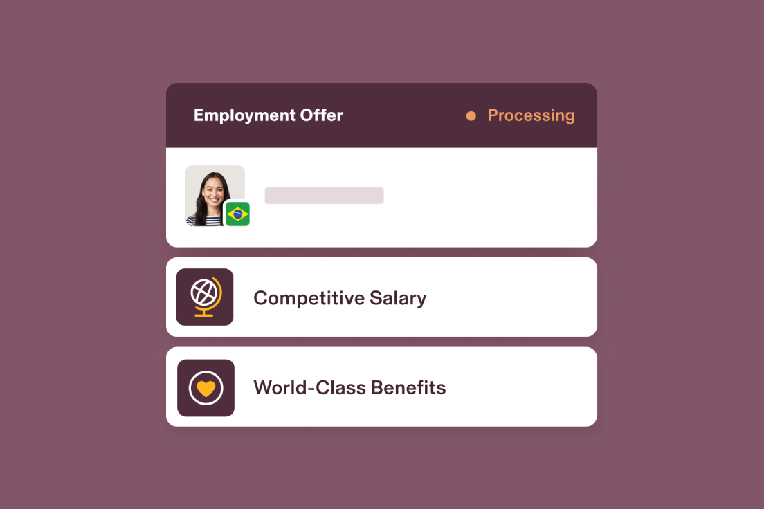 Bildschirm für das Beschäftigungsangebot mit Bearbeitungsstatus und Profilfoto, brasilianischer Flagge, wettbewerbsfähigem Gehalt und Benefits-Optionen.