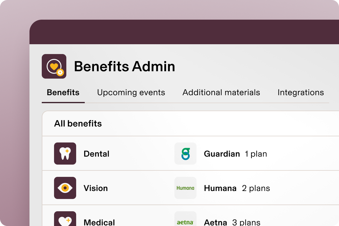 Screenshot of Benefits Admin screen in Rippling showing Dental, Vision, and Medical elections