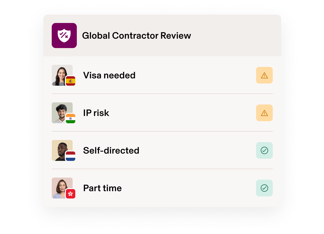 Global Contractor Review interface showing contractor profiles with country flags, work status, and risk indicators on a purple background.